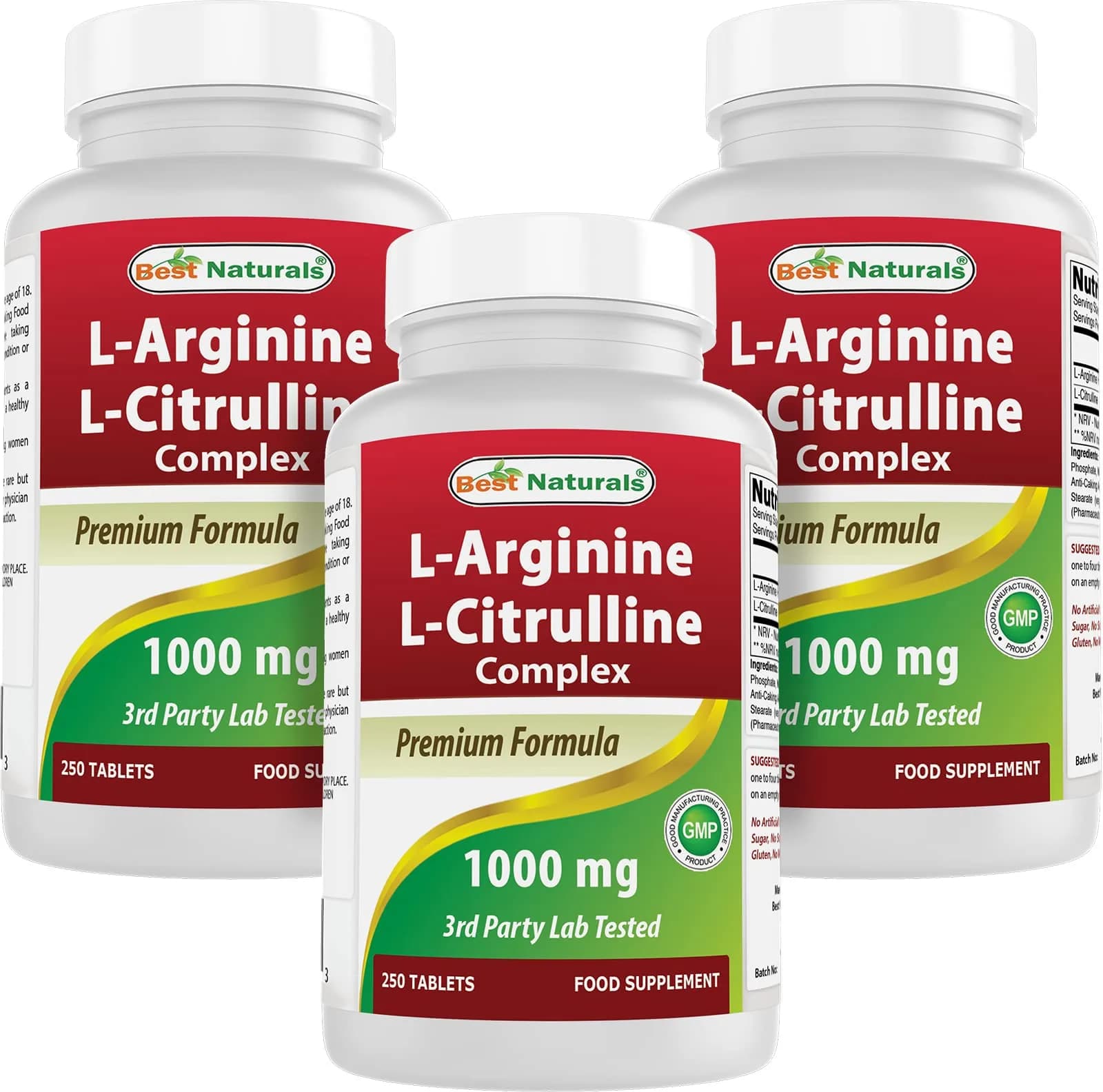 Best Naturals L-Arginine L-Citrulline Complex 1000 mg 750 Tablets (250 Count x 3 Bottles) | 3rd Party Lab Tested for Purity & Quality