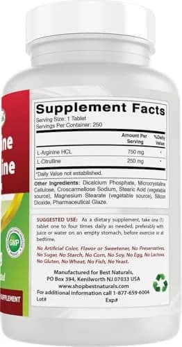 Best Naturals L-Arginine L-Citrulline Complex 1000 mg 750 Tablets (250 Count x 3 Bottles) | 3rd Party Lab Tested for Purity & Quality thumbnail 6