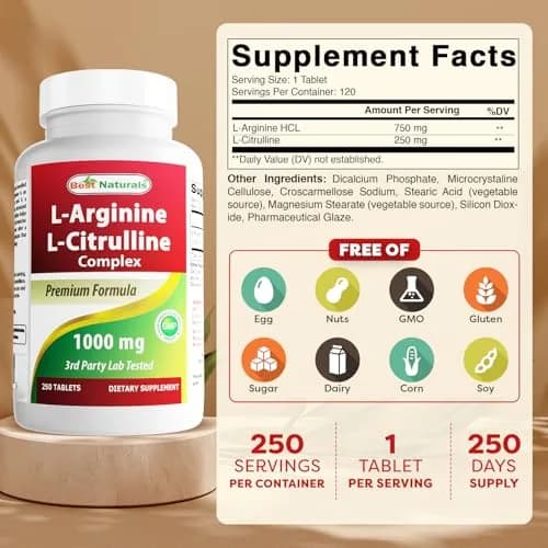 Best Naturals L-Arginine L-Citrulline Complex 1000 mg 750 Tablets (250 Count x 3 Bottles) | 3rd Party Lab Tested for Purity & Quality thumbnail 2