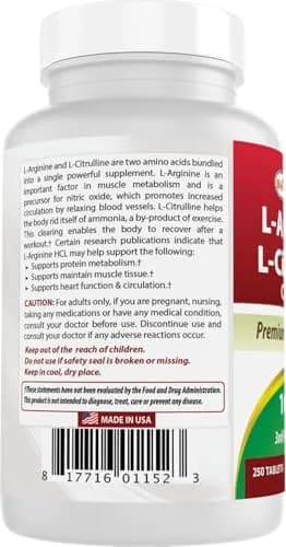 Best Naturals L-Arginine L-Citrulline Complex 1000 mg 500 Tablets (250 Count x 2) | 3rd Party Tested for Purity & Quality thumbnail 7