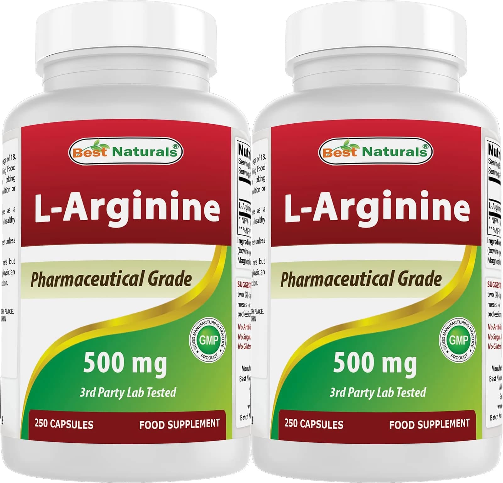 Best Naturals L-Arginine 500mg 250 Capsules | 2-Pack, Unflavoured, USA Import - main product image