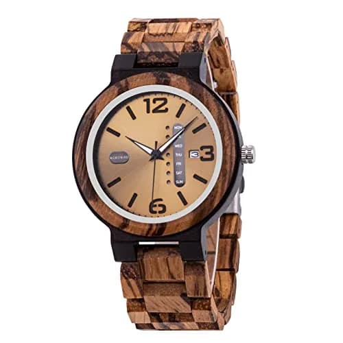 BOBO BIRD Yellow Dial Men's Zebra Wooden Quartz Watch 45.6mm (1.79in) | Week & Date Display Handmade Casual Watch thumbnail 1
