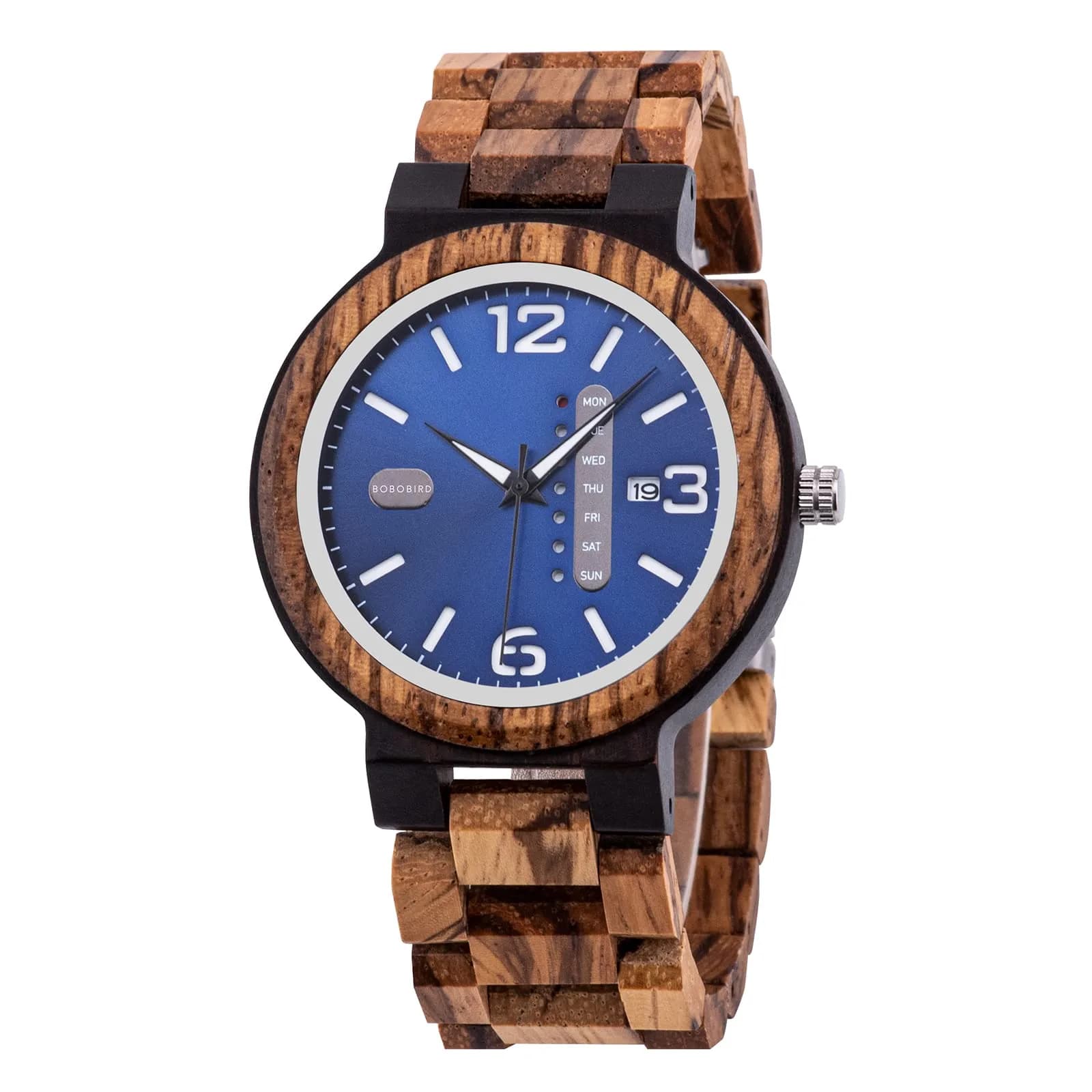 BOBO BIRD Zebra Wooden Watch Men's Blue Dial Week Date Display 45.6mm (1.8in) | Handmade Casual Quartz - main product image