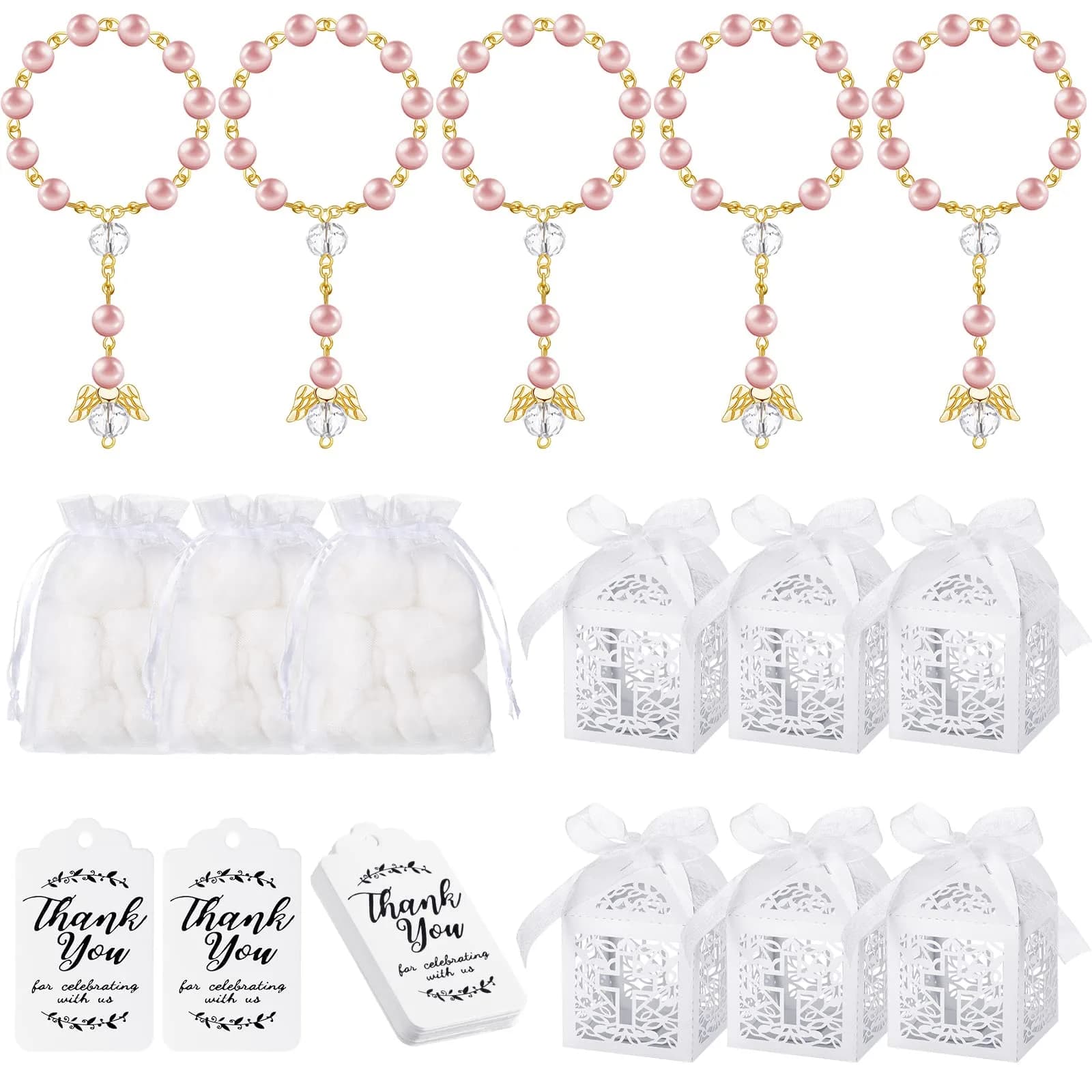 MTLEE Pink Baptism Rosary Set for Guests, First Communion Favors, 100 Pcs | Catholic Holy Communion Party Decor — Pink Gold