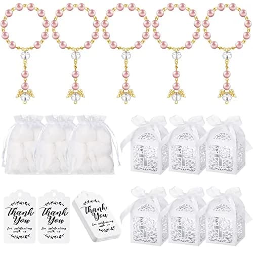 MTLEE 100 Pcs Baptism Rosary Set with Gift Boxes, Organza Bags & Thank You Tags | Pink Gold Religious Ceremony Favors thumbnail 1