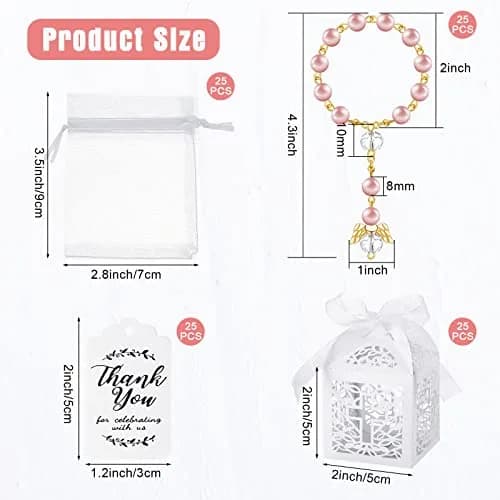MTLEE 100 Pcs Baptism Rosary Set with Gift Boxes, Organza Bags & Thank You Tags | Pink Gold Religious Ceremony Favors thumbnail 2