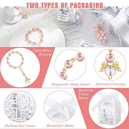 MTLEE 100 Pcs Baptism Rosary Set with Gift Boxes, Organza Bags & Thank You Tags | Pink Gold Religious Ceremony Favors thumbnail 3