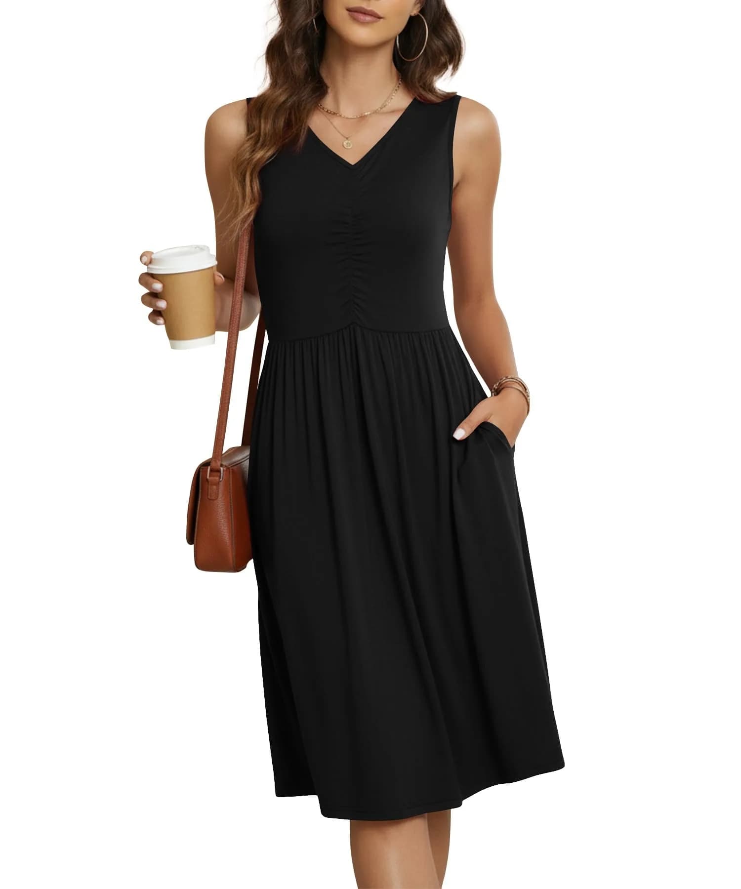 NILOUFO Sleeveless Dress for Women Summer Knee Length Sundress with Pockets | Flowy Floral Casual Style — B:black / 3X-Large