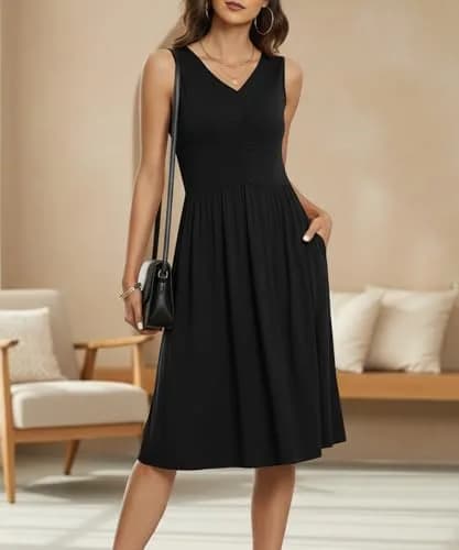 NILOUFO Sleeveless Dress for Women Summer Knee Length with Pockets | Flowy Casual Style in Black (70-120 chars) thumbnail 3