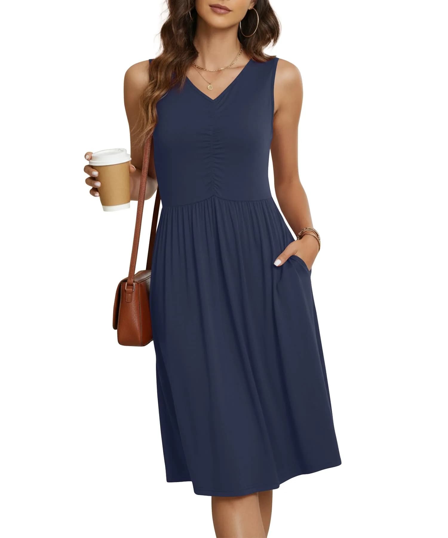 NILOUFO Sleeveless Dress for Women Summer Knee Length Sundress with Pockets | Flowy Floral Casual Style — B:navy Blue