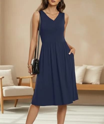 NILOUFO Sleeveless Dress for Women Summer Knee Length with Pockets | Flowy Casual V-Neck Dress thumbnail 3