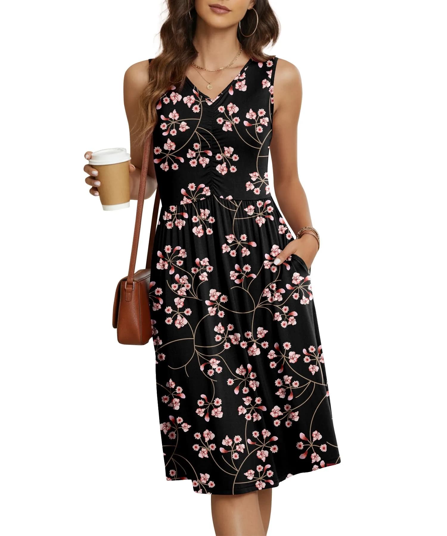 NILOUFO Sleeveless Dress for Women Summer Knee Length Sundress with Pockets | Flowy Floral Casual Style