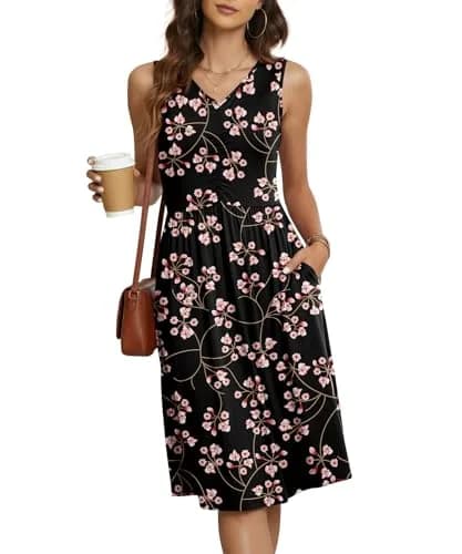 NILOUFO Sleeveless Dress for Women Summer Knee Length Sundress with Pockets | Flowy Floral Casual Style thumbnail 1