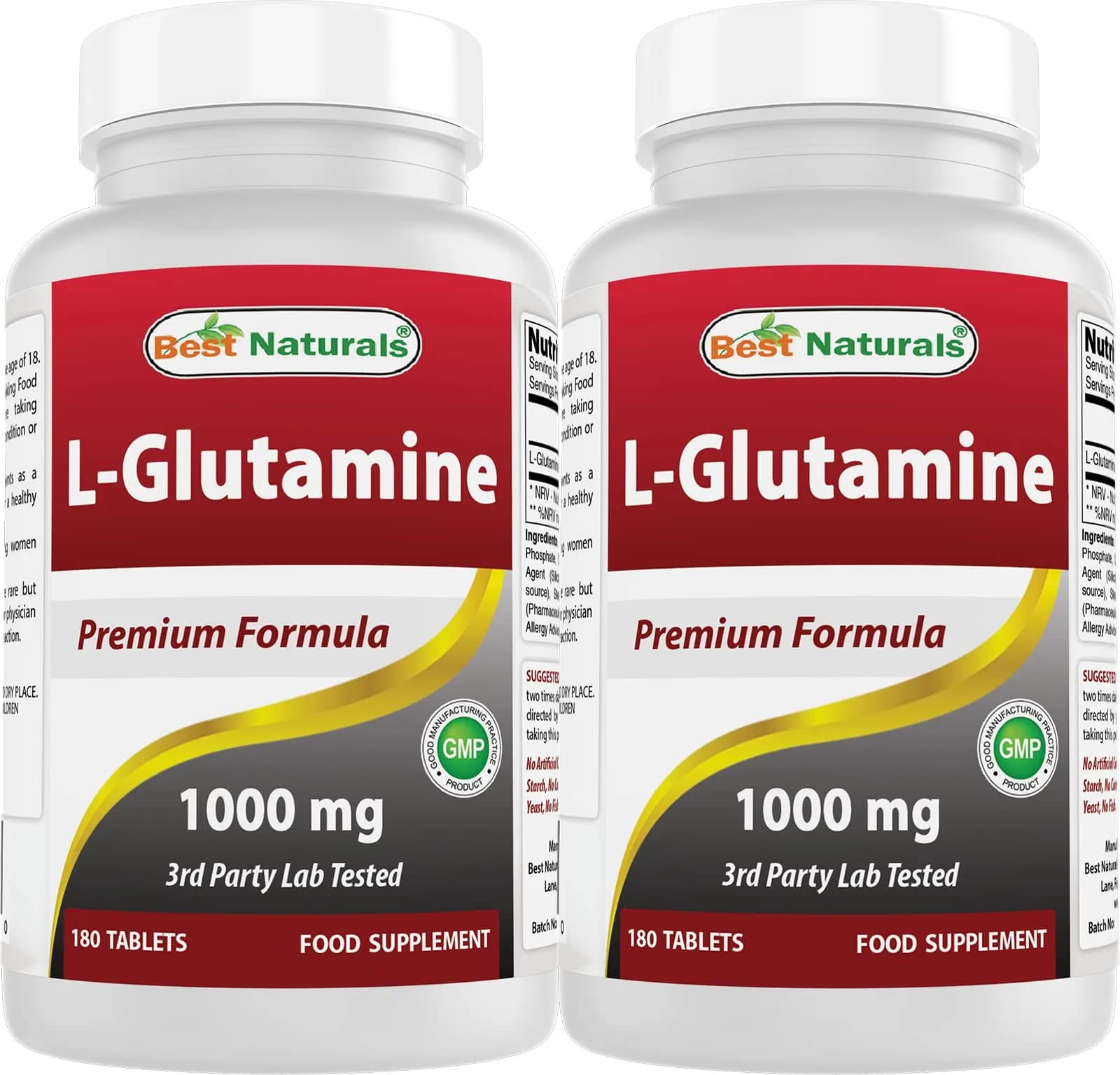 Best Naturals L-Glutamine 1000 mg 180 Tablets | Unflavored, 360 Tablets (Pack of 2) for Muscle & Immunity Support