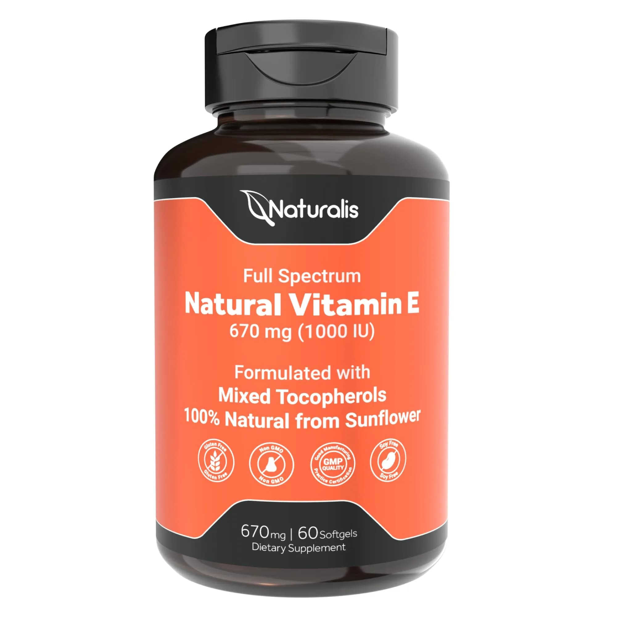Naturalis Sunflower Vitamin E 670mg (1000 IU) with Mixed Tocopherols | Essential Skin & Immune Support | Non-GMO, Gluten & Soy Free | 60 Softgels
