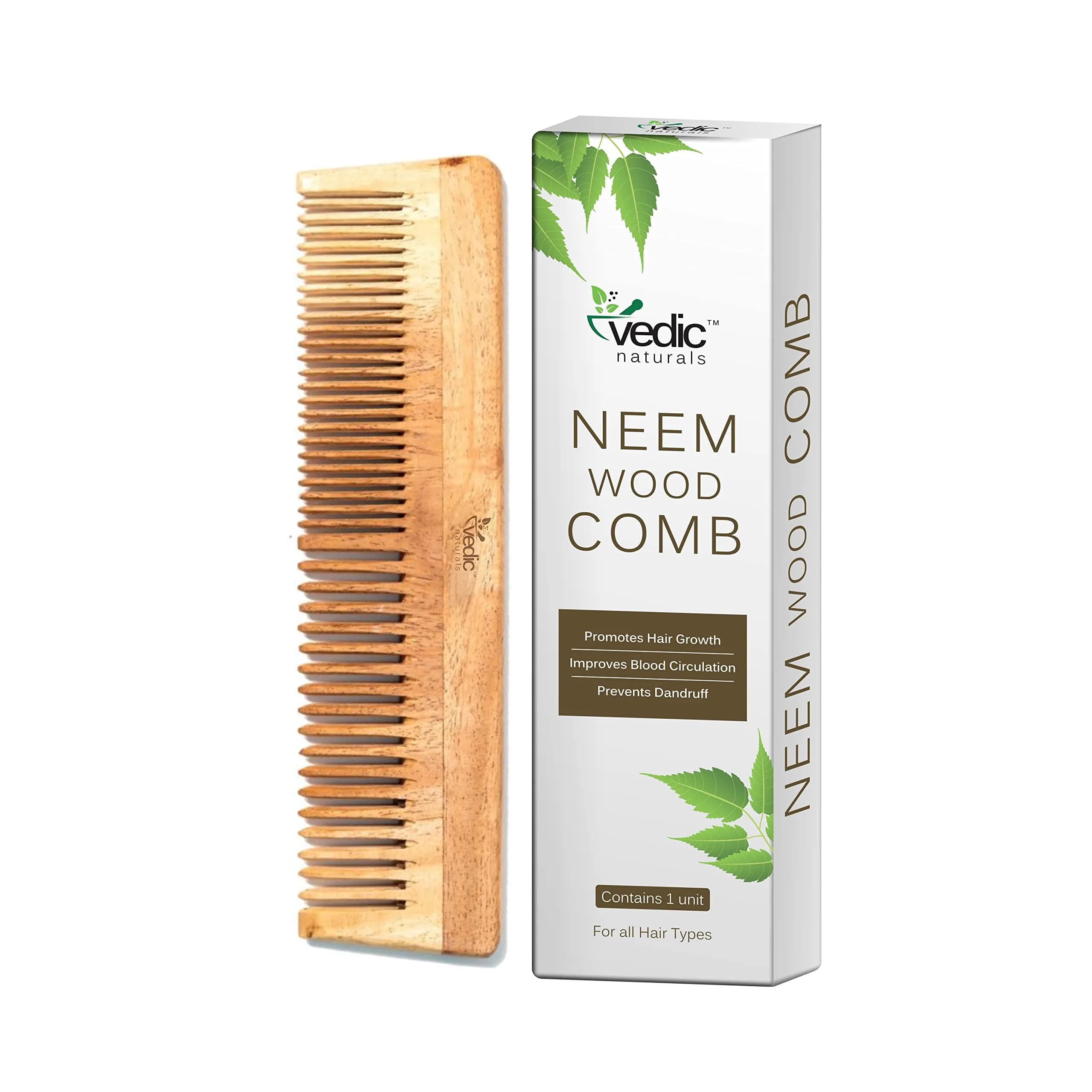 Vedic Naturals Neem Wood Comb for Hair Growth, Hair Fall & Dandruff Control | Dual Sided Wide & Fine Tooth Natural Wooden Comb (19.3 cm) - main product image