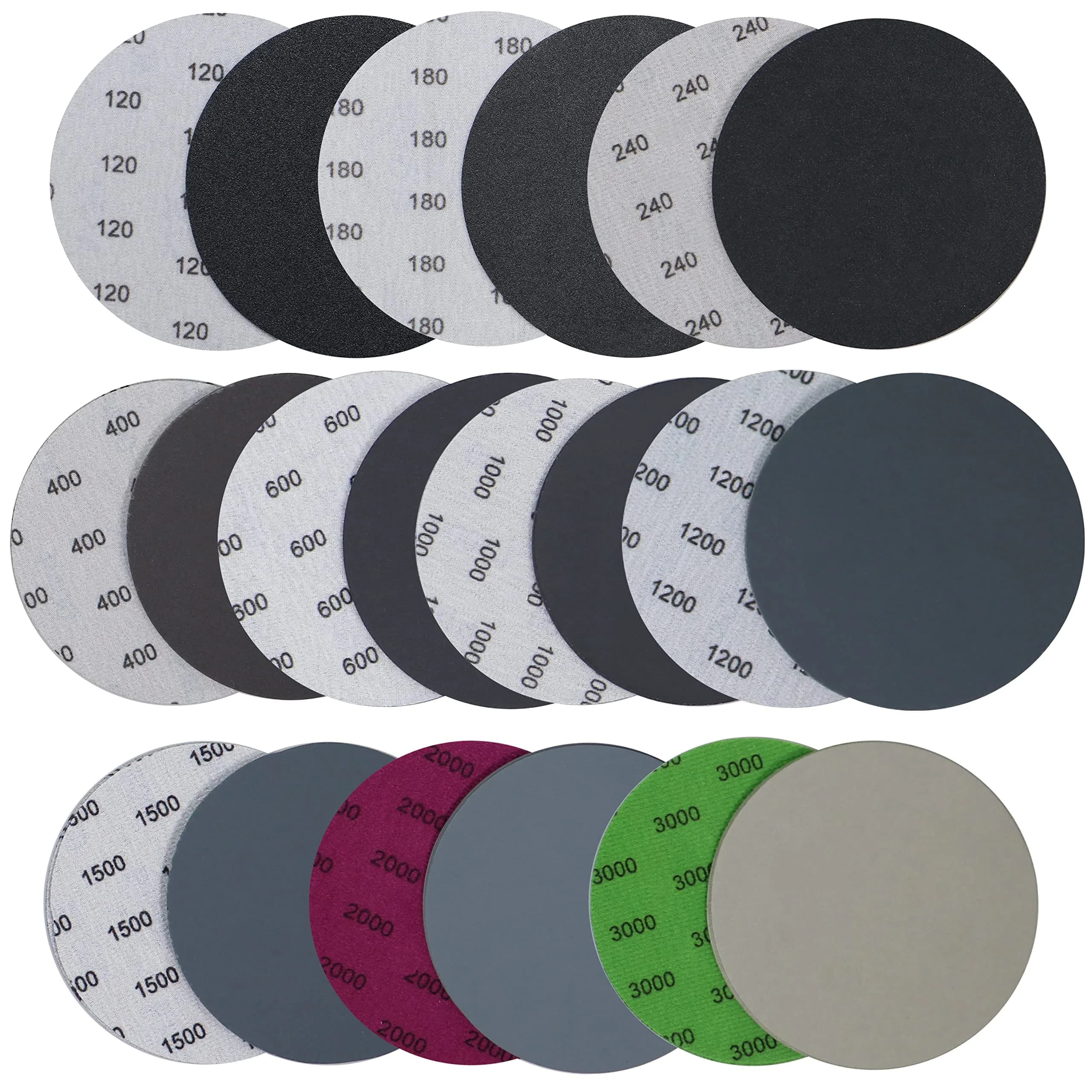 Aewio 5 inch No Hole Sanding Discs 40PCS (125mm) | Grit #320-#5000 Wet Dry Silicon Carbide for Orbital Sanders — Multicolored