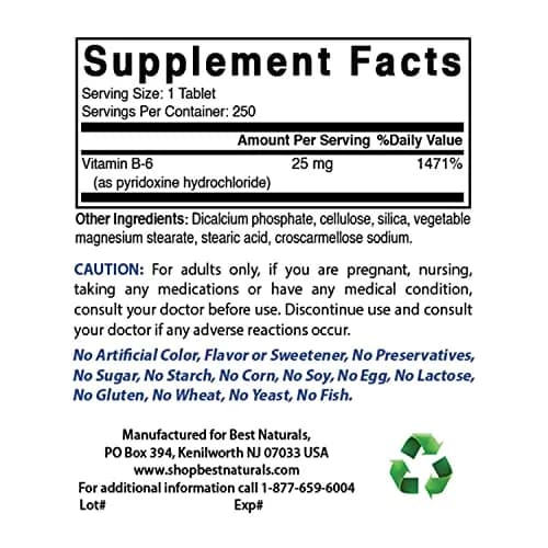 Best Naturals Vitamin B6 25mg 250 Tablets | 250 Count (Pack of 2) | Non-GMO & Gluten-Free thumbnail 2