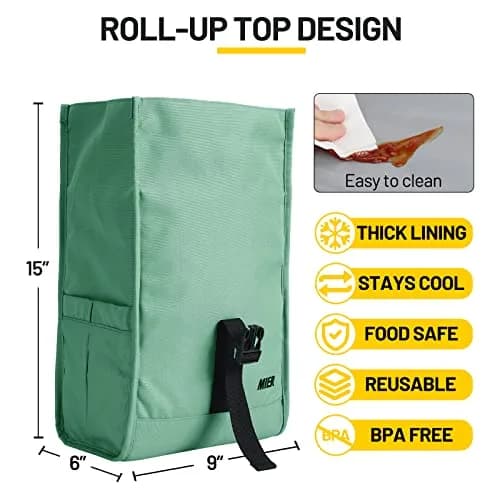 MIER Insulated Lunch Bag Roll-Top Lunchbox for Adults, Green | 9L x 6W x 15H inches (23cm x 15cm x 38cm) thumbnail 4