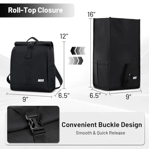 MIER Insulated Lunch Bag Roll-Top Lunchbox for Adults, Black | 16.5 L x 9 W x 11.75 D inches (426 L) thumbnail 2