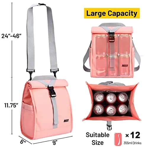 MIER Insulated Lunch Bag Roll-Top Lunchbox for Adults, Pink | 9 L x 6 W x 15 H inches (25.4 cm) thumbnail 7