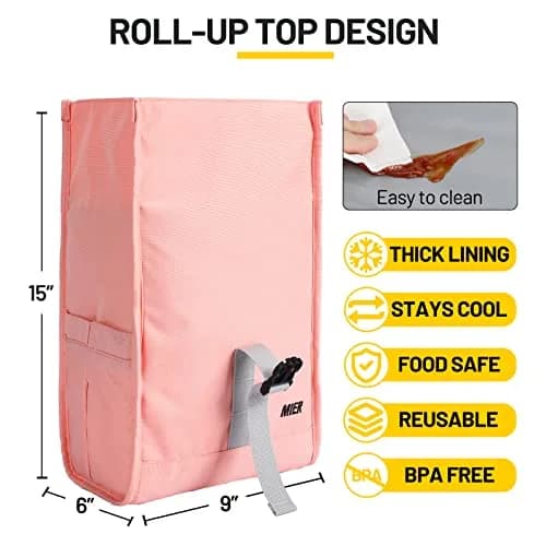 MIER Insulated Lunch Bag Roll-Top Lunchbox for Adults, Pink | 9 L x 6 W x 15 H inches (25.4 cm) thumbnail 2