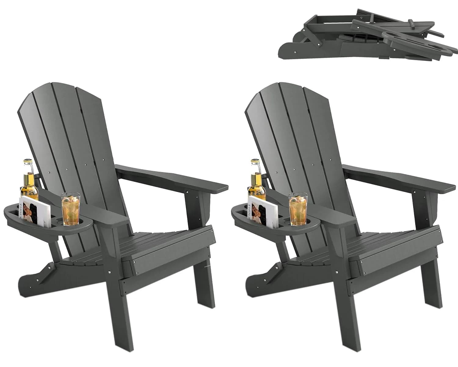 FOOWIN Folding Adirondack Chair Set of 2 | Weatherproof HDPE Outdoor Chairs in Grey