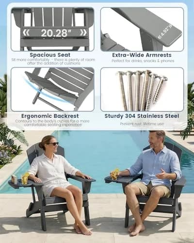FOOWIN Folding Adirondack Chair Set of 2 | Weatherproof HDPE Outdoor Chairs in Grey thumbnail 5