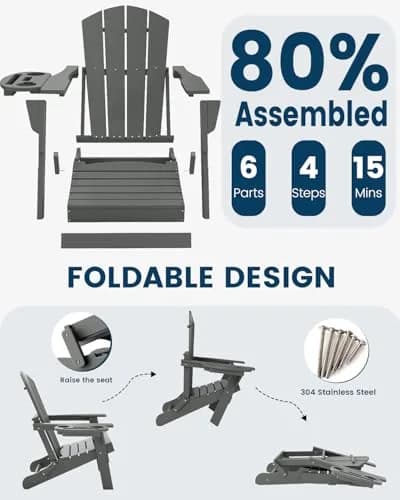 FOOWIN Folding Adirondack Chair Set of 2 | Weatherproof HDPE Outdoor Chairs in Grey thumbnail 8
