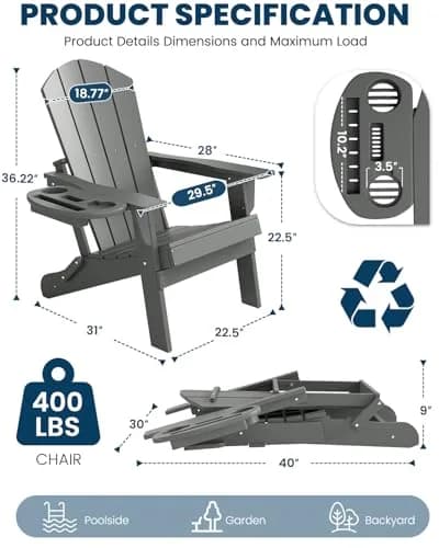 FOOWIN Folding Adirondack Chair Set of 2 | Weatherproof HDPE Outdoor Chairs in Grey thumbnail 2