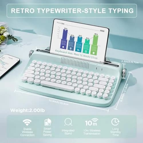 YUNZII ACTTO B303 Wireless Retro Typewriter Keyboard Sweet Mint | Bluetooth 5.0, 84-Key Compact Layout thumbnail 2