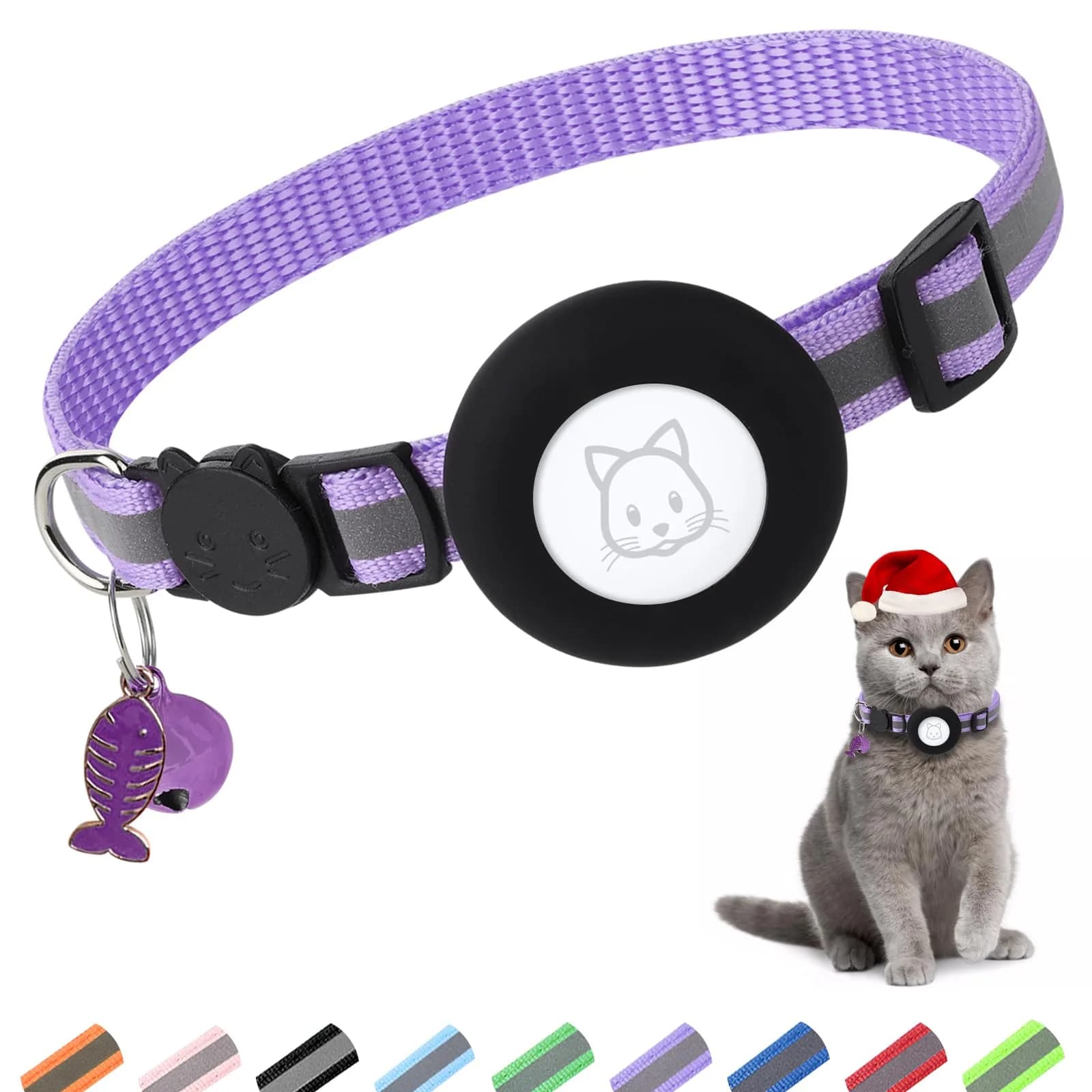 SimpleThings Orange Airtag Cat Collar with Bell & Safety Buckle | Reflective Nylon, Adjustable 22-35cm — Purple