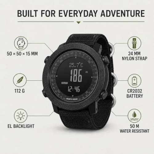 NORTH EDGE Apache Men's Survival Tactical Watch 50mm | Altimeter, Barometer, Compass, Weather Prediction thumbnail 6