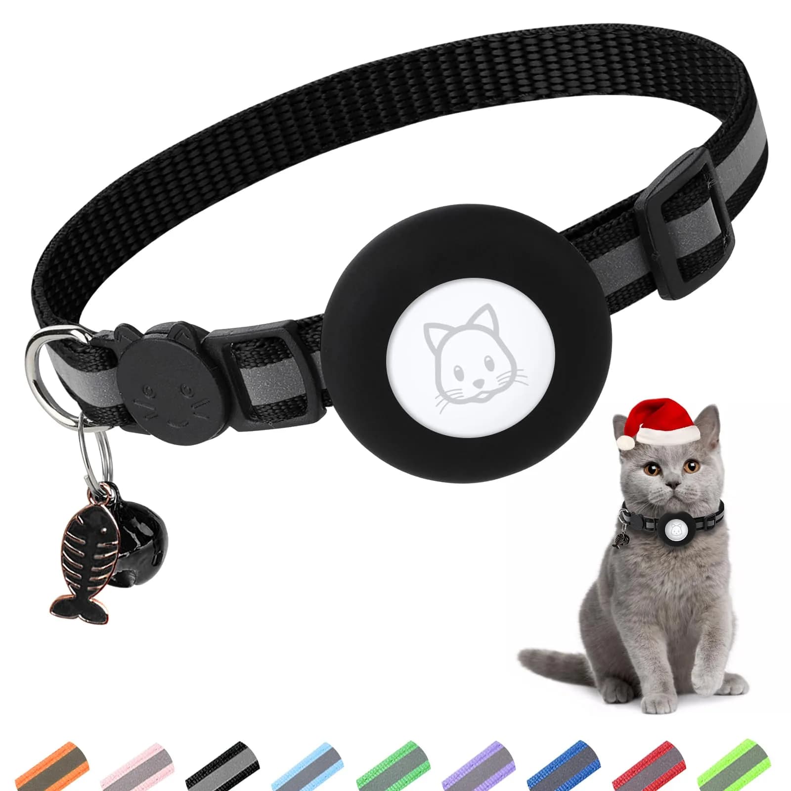 SimpleThings Orange Airtag Cat Collar with Bell & Safety Buckle | Reflective Nylon, Adjustable 22-35cm — Black
