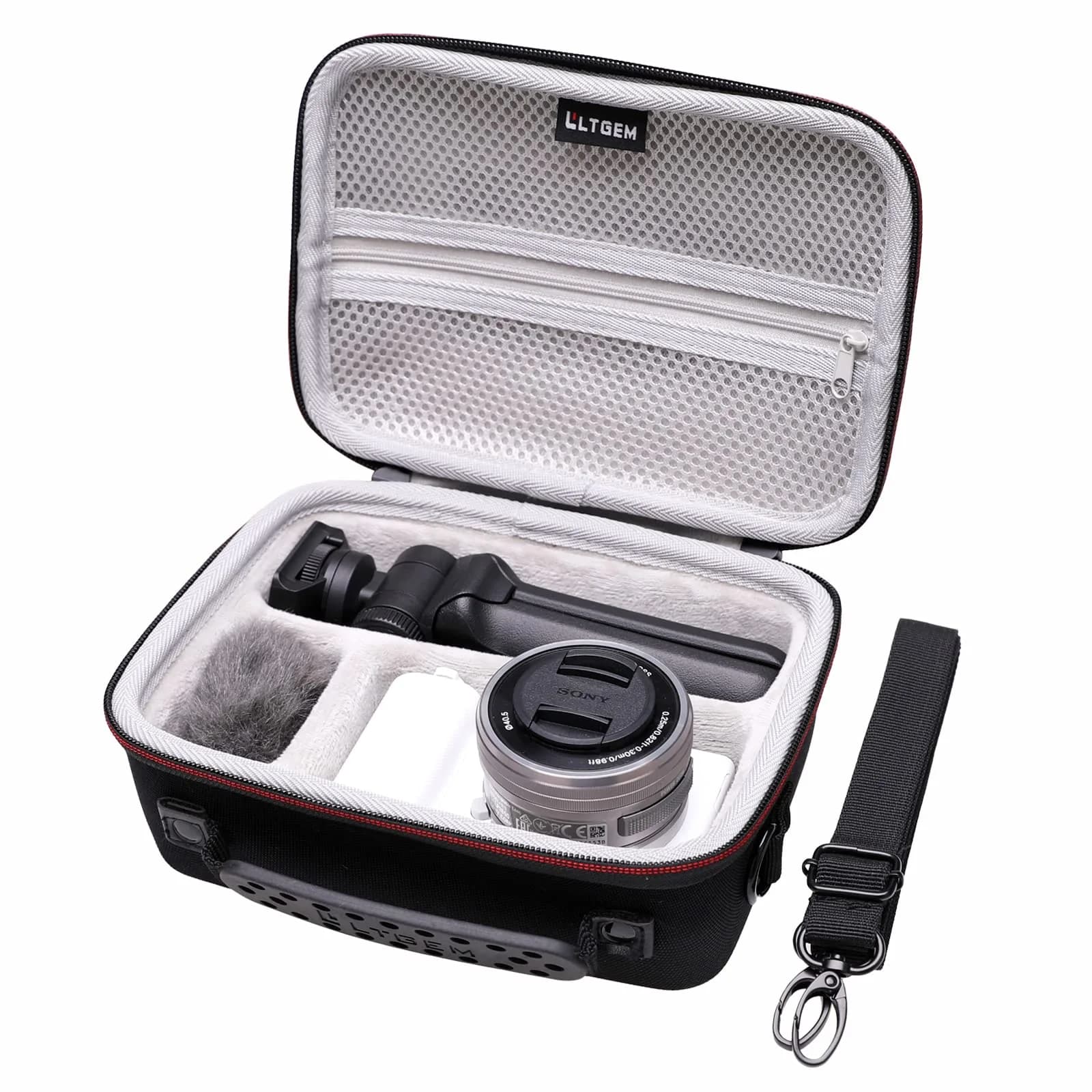 LTGEM Camera Case for Sony Alpha ZV-E10 / ZV-1F / ZV-1 / ZV-1 II Vlog Camera, 20.3cm x 15.2cm x 10.4cm (8" x 6" x 4.1") | Shockproof EVA Travel Bag with Strap — Black+Grey