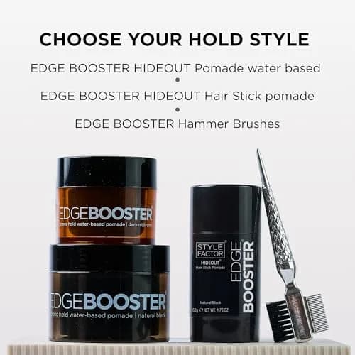 Style Factor EDGE BOOSTER HIDEOUT Water-Based Pomade | Strong Hold & Gray Coverage | Slick Styling for Flyaways & Roots | High Shine Finish | Natural Black | 3.38 oz thumbnail 7