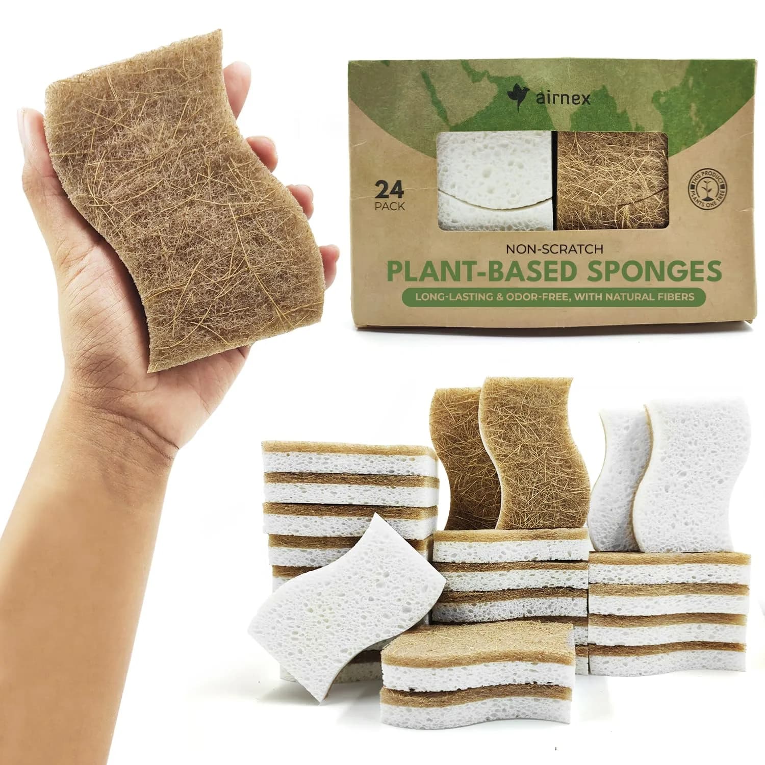 AIRNEX Natural Kitchen Sponges 12 Pack | Biodegradable Cellulose & Coconut Scrubber Dish Sponges for Kitchen — Khaki