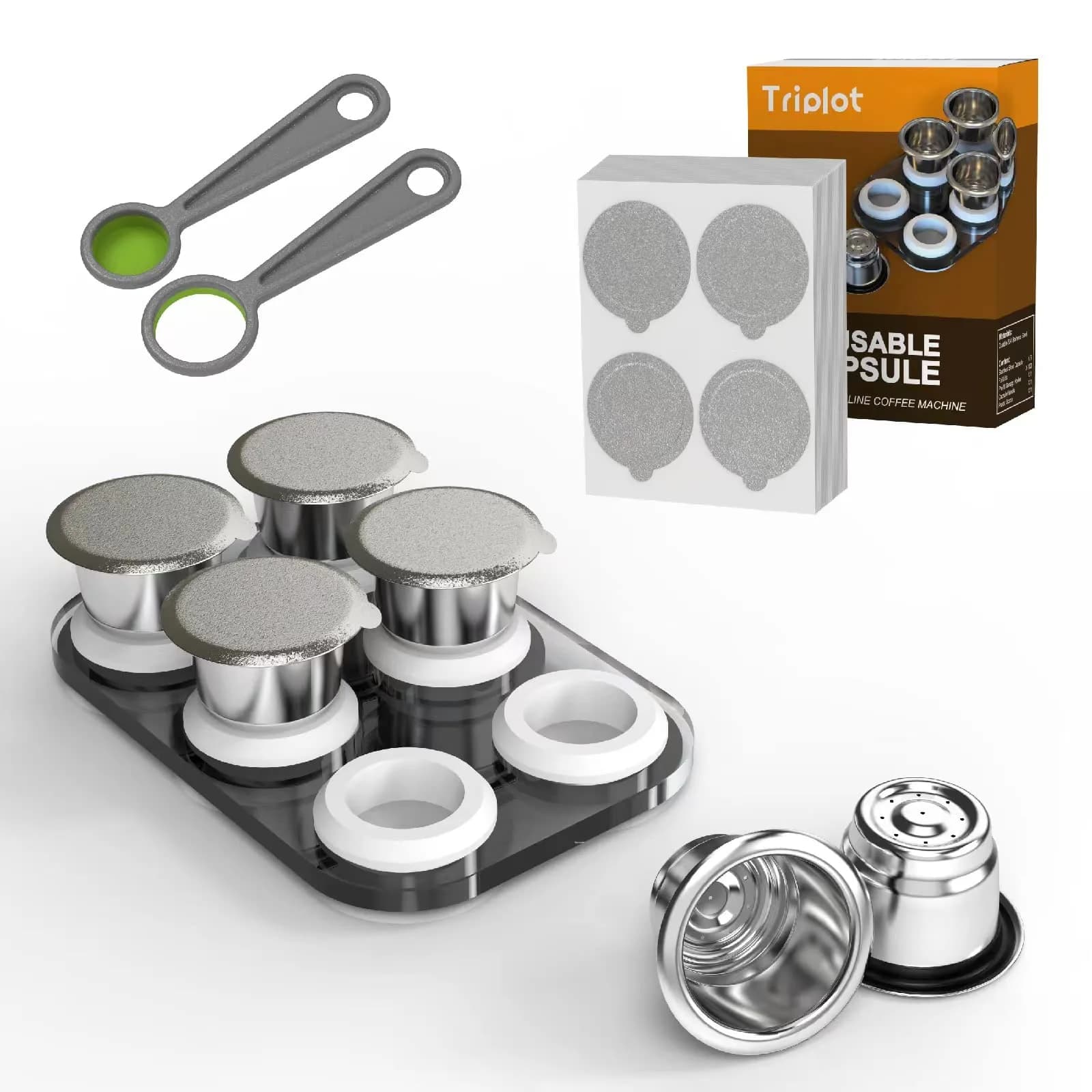 Triplot Aluminum Lids for Nespresso OriginalLine Capsules, 200 Count (37mm) | Reusable Coffee Pod Seals for Rich Crema — Stainless steel color+6Pods+100Lids+Tray