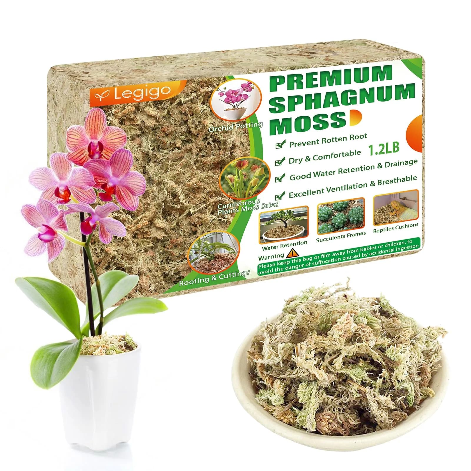 Legigo 4 QT Natural Sphagnum Moss Potting Mix | Moisture-Retentive for Orchids & Carnivorous Plants — 20 QT(Appx.1.2lb)
