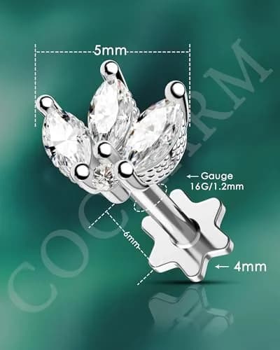 COCHARM Tragus Piercing Jewelry 16g Flat Back Flower | Silver Cartilage Earring for Women thumbnail 3