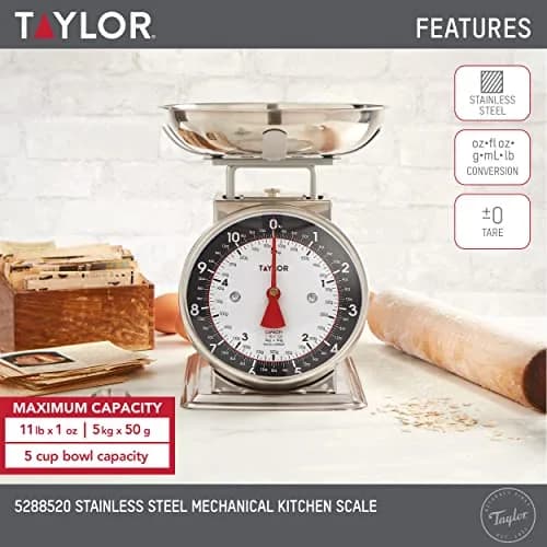 Taylor Vintage Mechanical Kitchen Scale 5 kg (11 lb) with Bowl | Battery-Free Precision for Baking and Meal Prep thumbnail 2