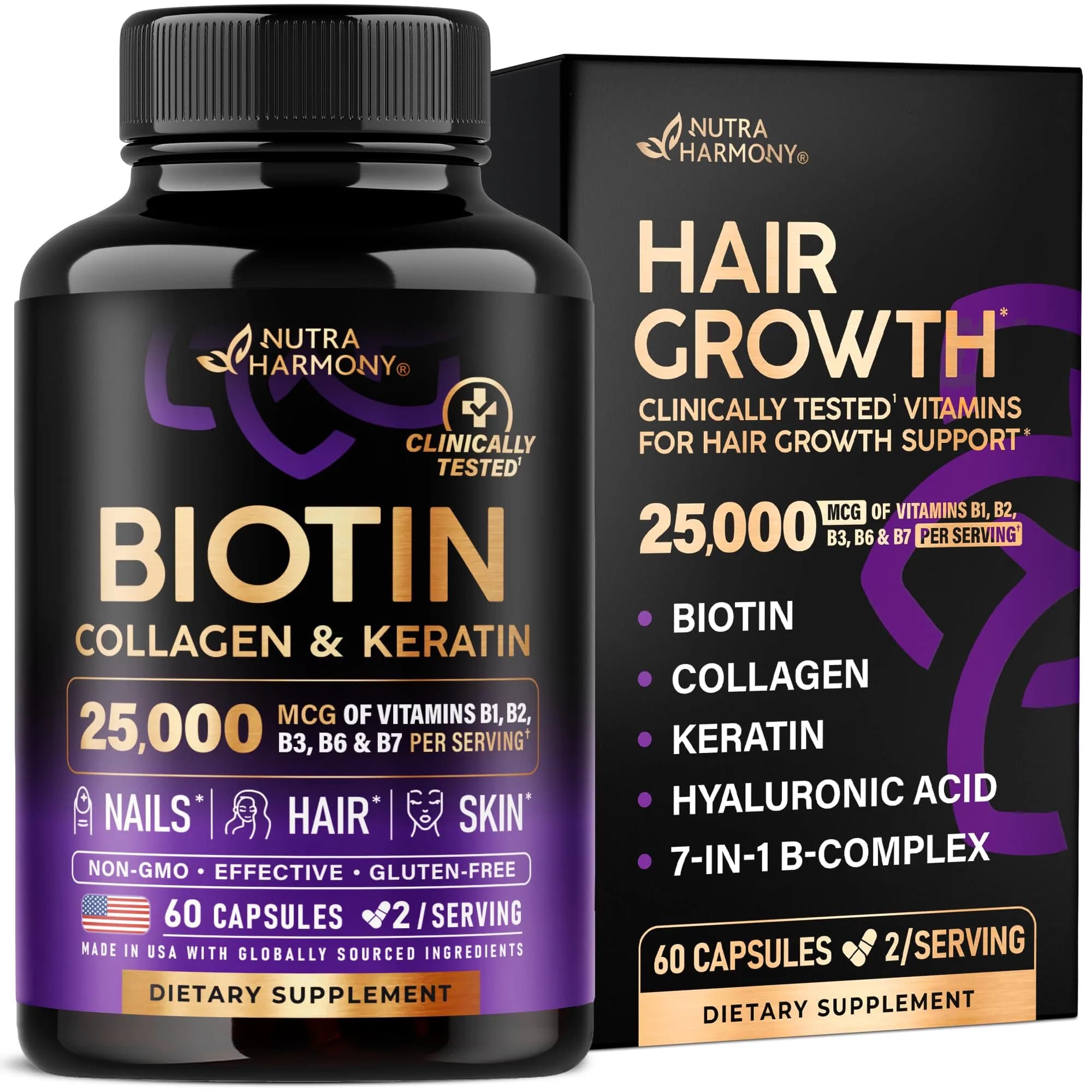 NUTRAHARMONY Biotin, Collagen, Hyaluronic Acid & Keratin Hair Growth Support 180 Capsules | Clinically Tested Formula — Pack of 1
