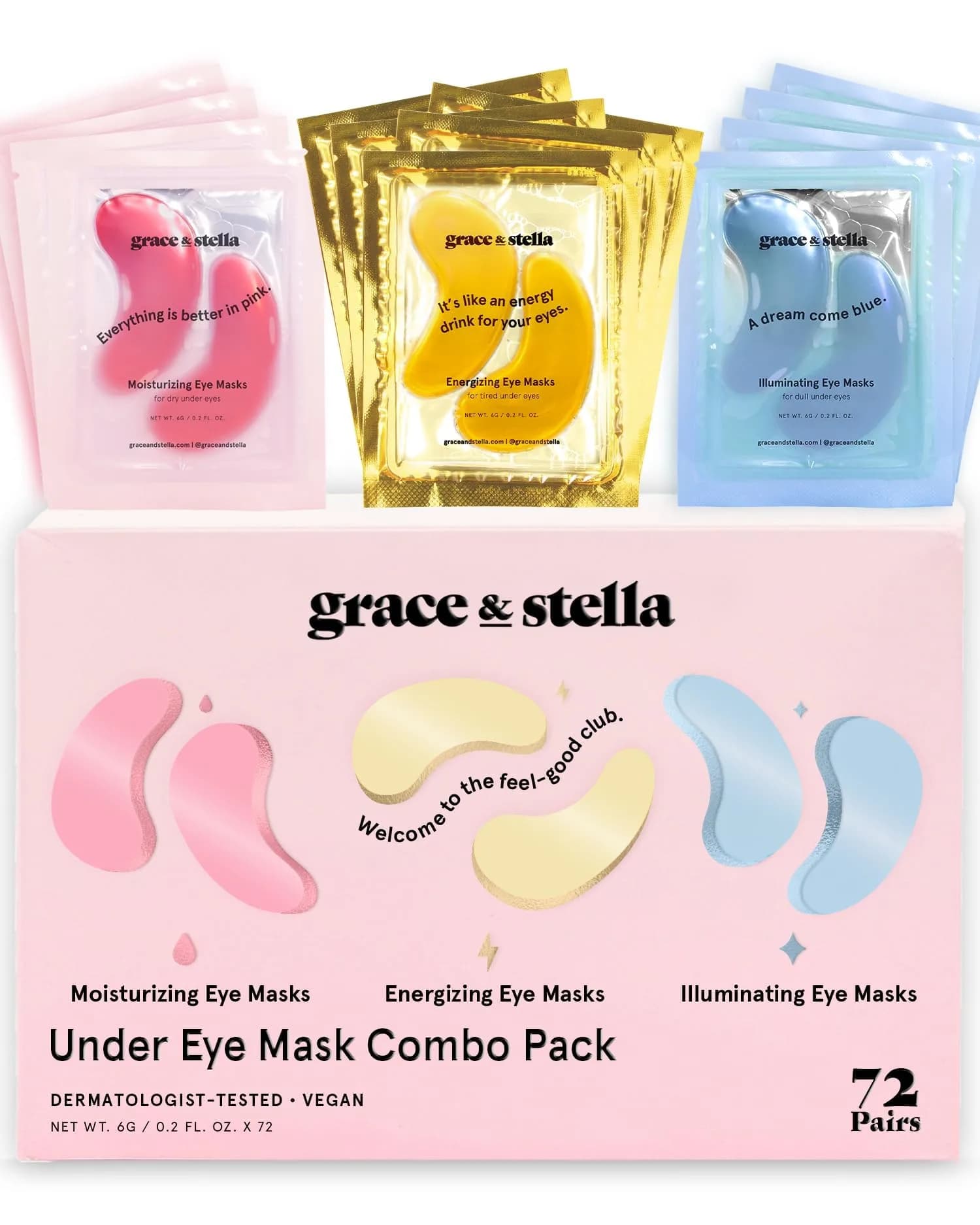 grace & stella Under Eye Mask 72 Pairs (Gold, Pink, & Blue) | Reduces Dark Circles, Puffiness, Wrinkles
