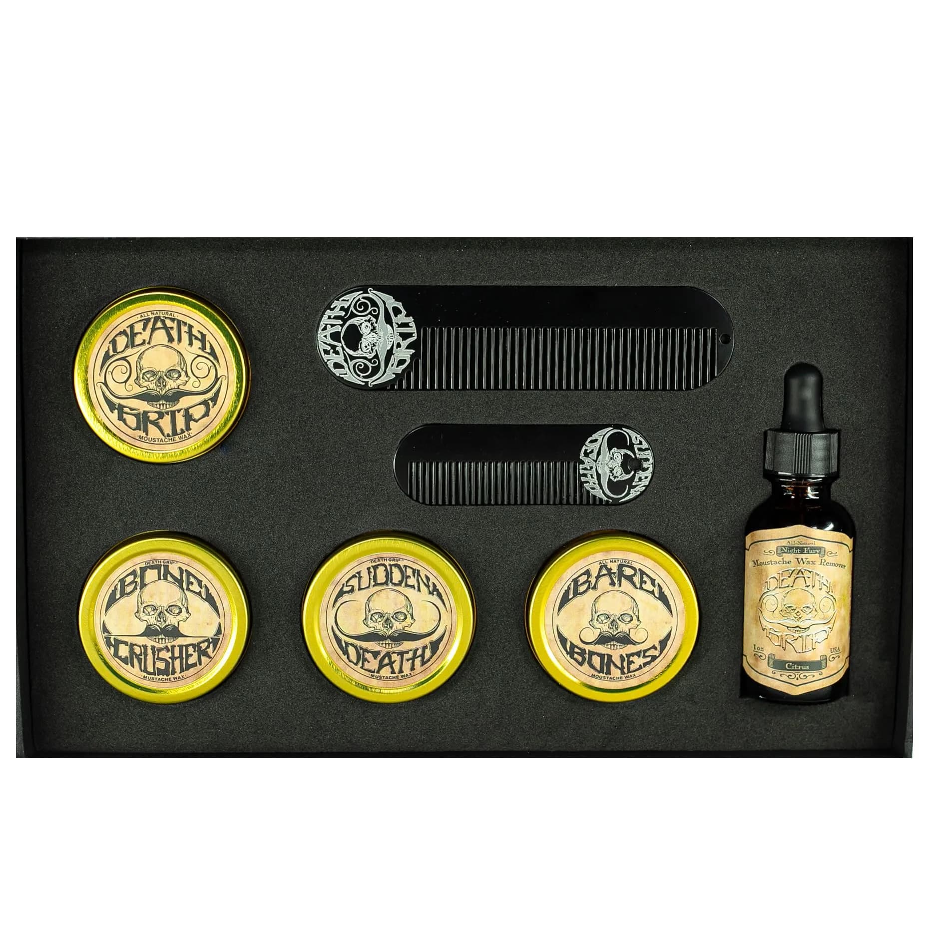 THE VINTAGE GROOMING CO. Gold Standard Mustache Kit - 4 x 1 oz Wax, 2 Combs, 1 Remover Oil | Strong Hold for Unruly Mustaches