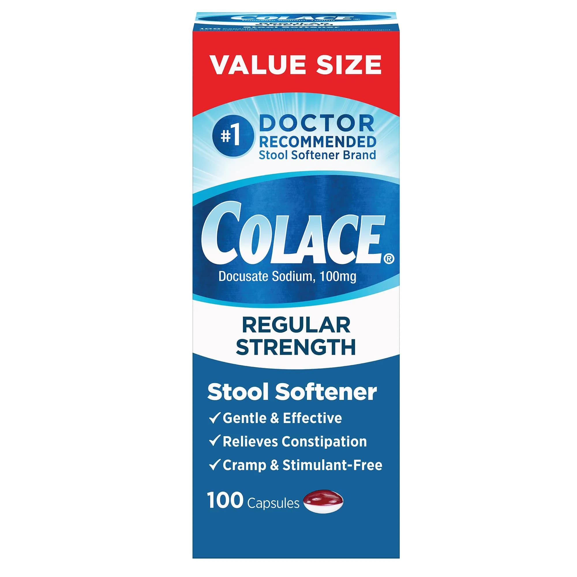 Colace Stool Softener Constipation Relief Capsules 100 mg (100 Count) | Gentle, Stimulant-Free Relief - main product image