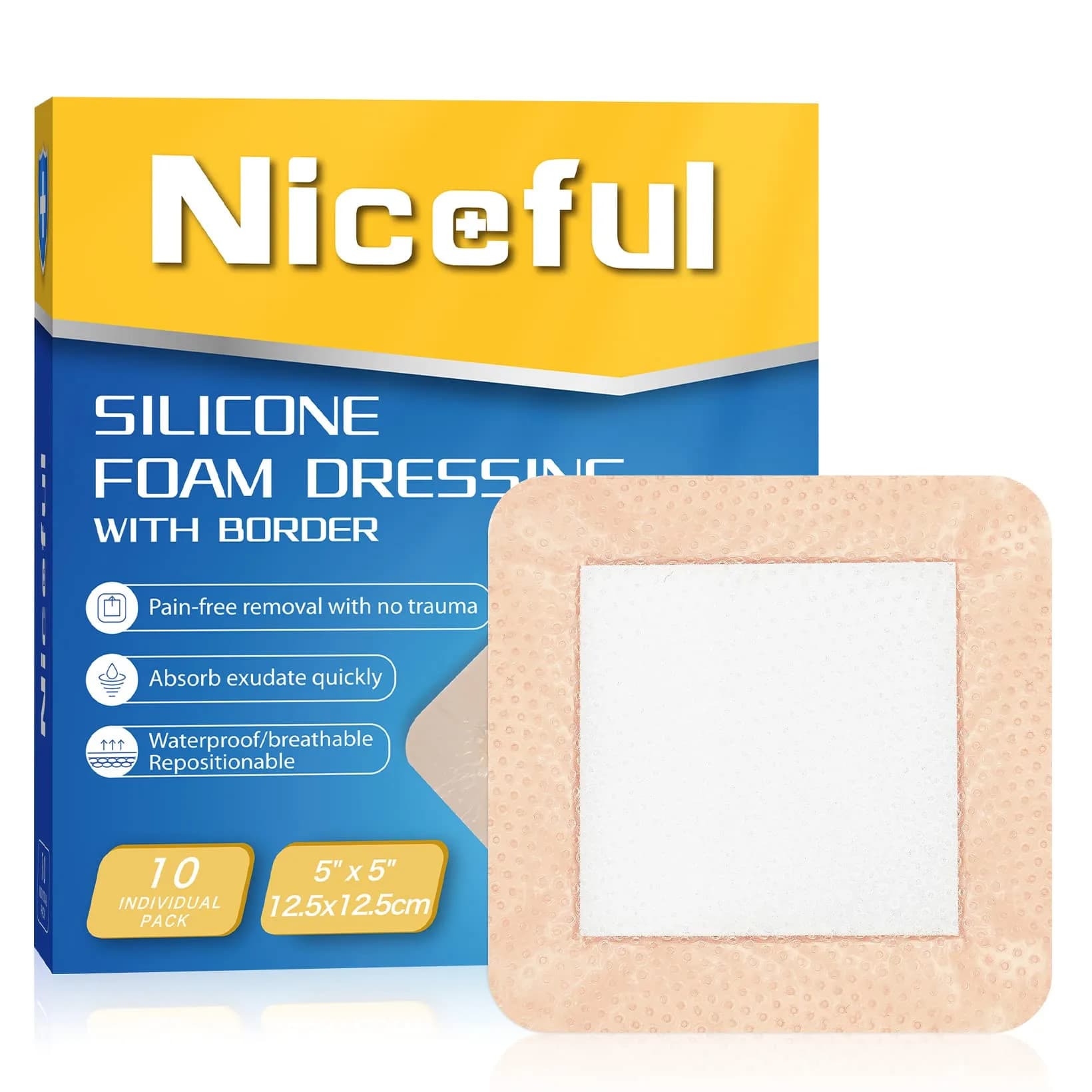 Niceful Silicone Foam Dressing 5"x5" (10 Pcs) | Gentle Adhesive for Sensitive Skin
