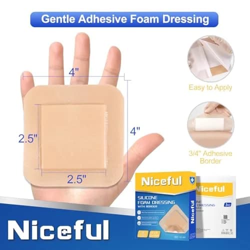 Niceful Silicone Foam Dressing 4"x4" (2.5"x2.5" Pad), 5 Pcs | High Absorbency Wound Care with Border Adhesive thumbnail 3