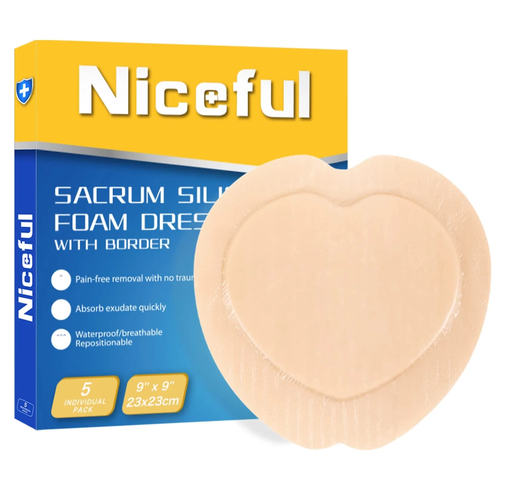 Niceful Sacral Silicone Foam Dressing 9"x9" (22.86cm x 22.86cm) 5 PCS | Moist Healing for Bed Sores