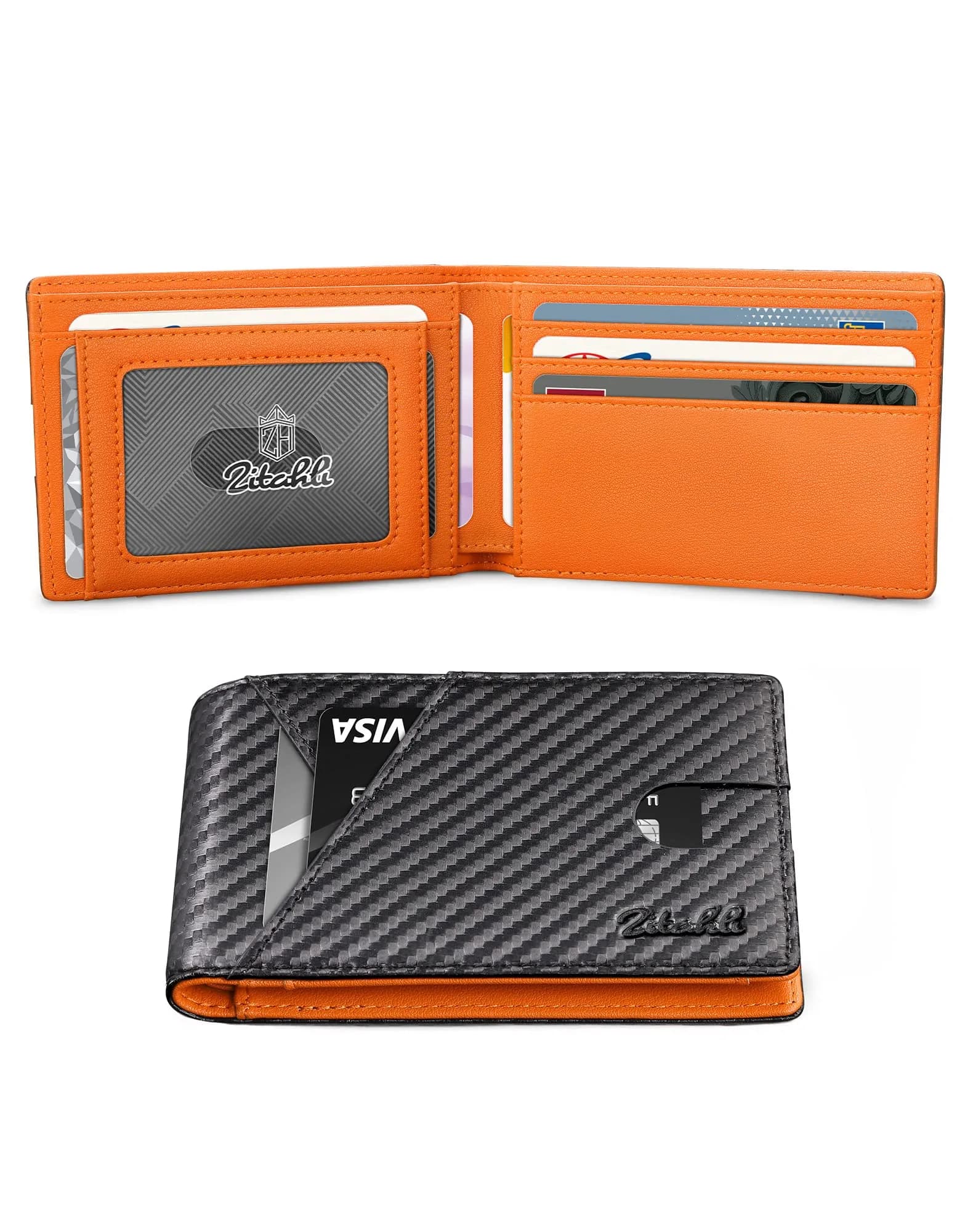 Zitahli Slim RFID Leather Bifold Wallet for Men, Carbon Black & Orange | 11.2 cm (4.4 in) x 8 cm (3.1 in) x 1.3 cm (0.5 in)