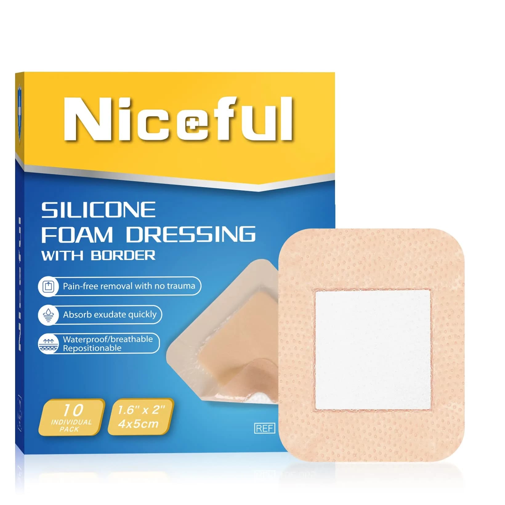 Niceful Silicone Foam Dressing 1.6x2 Inch (10 Pcs) | 5-Layer Absorbent Core for Wound Care